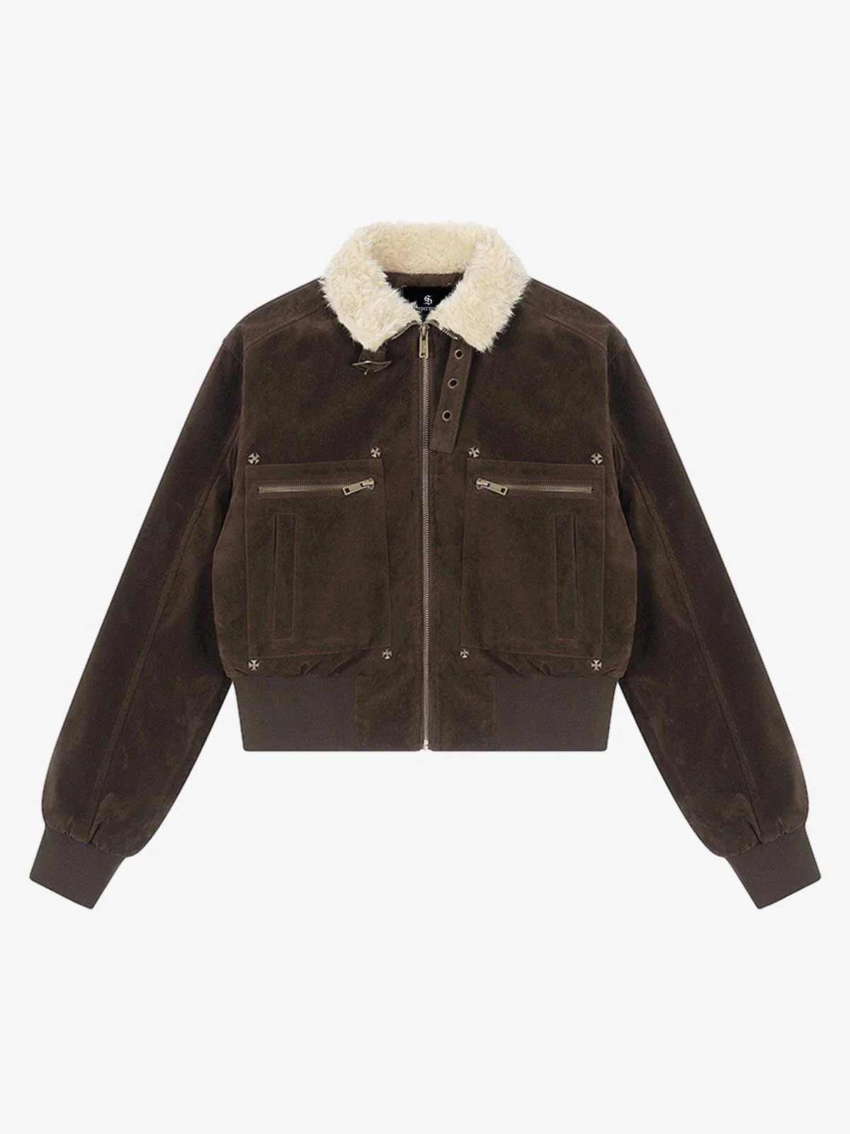 Utility Faux Shearling Collar Suede Look Zip Up Jacket - Image 2