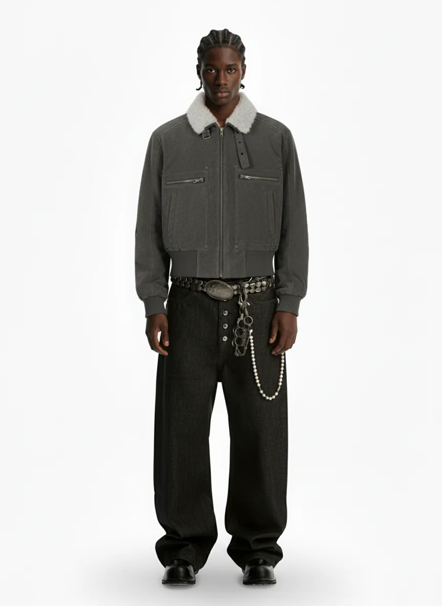 Utility Faux Shearling Collar Suede Look Zip Up Jacket - Image 5