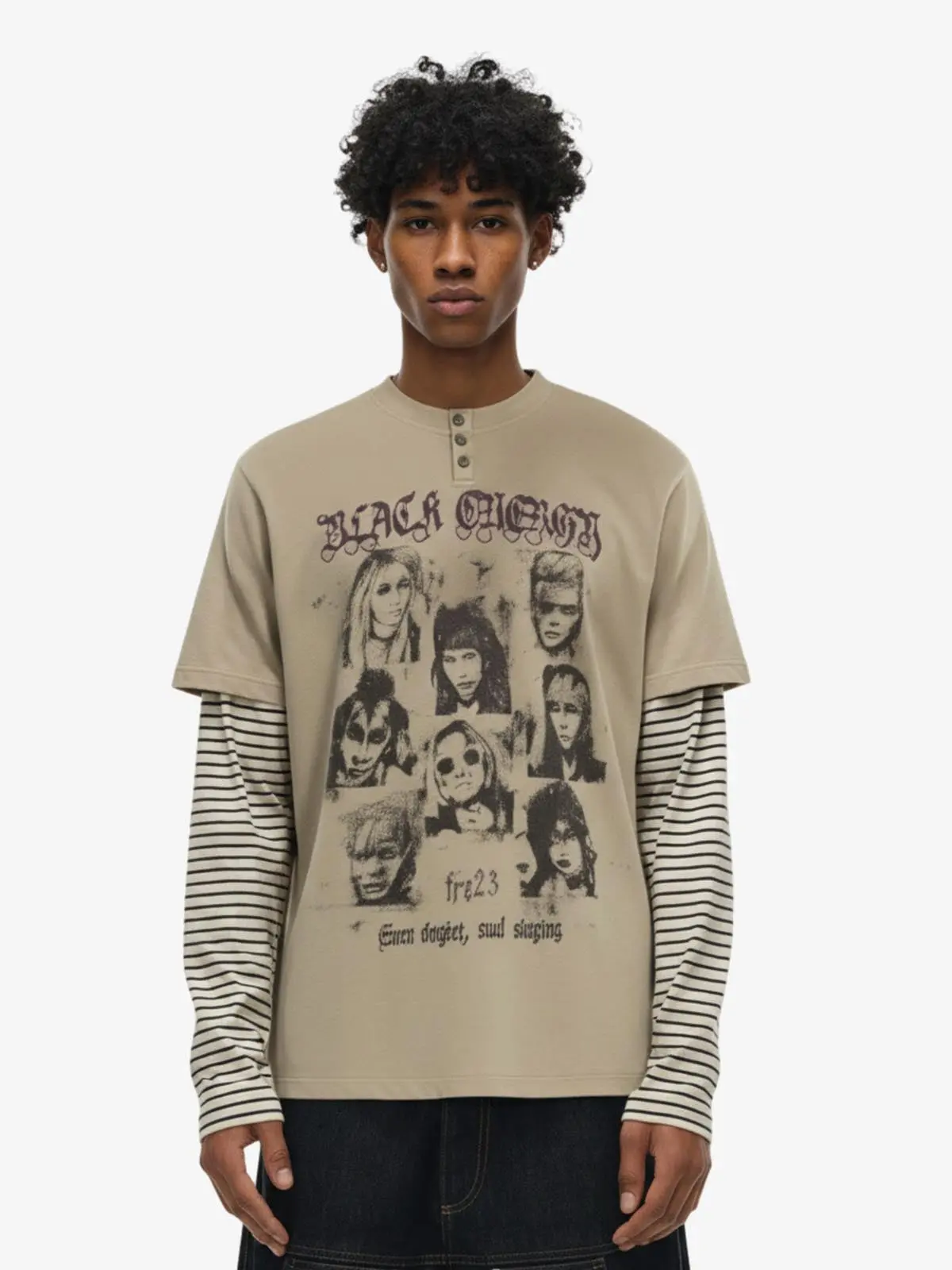 Vintage Band Portrait Graphic Layered Henley T-Shirt