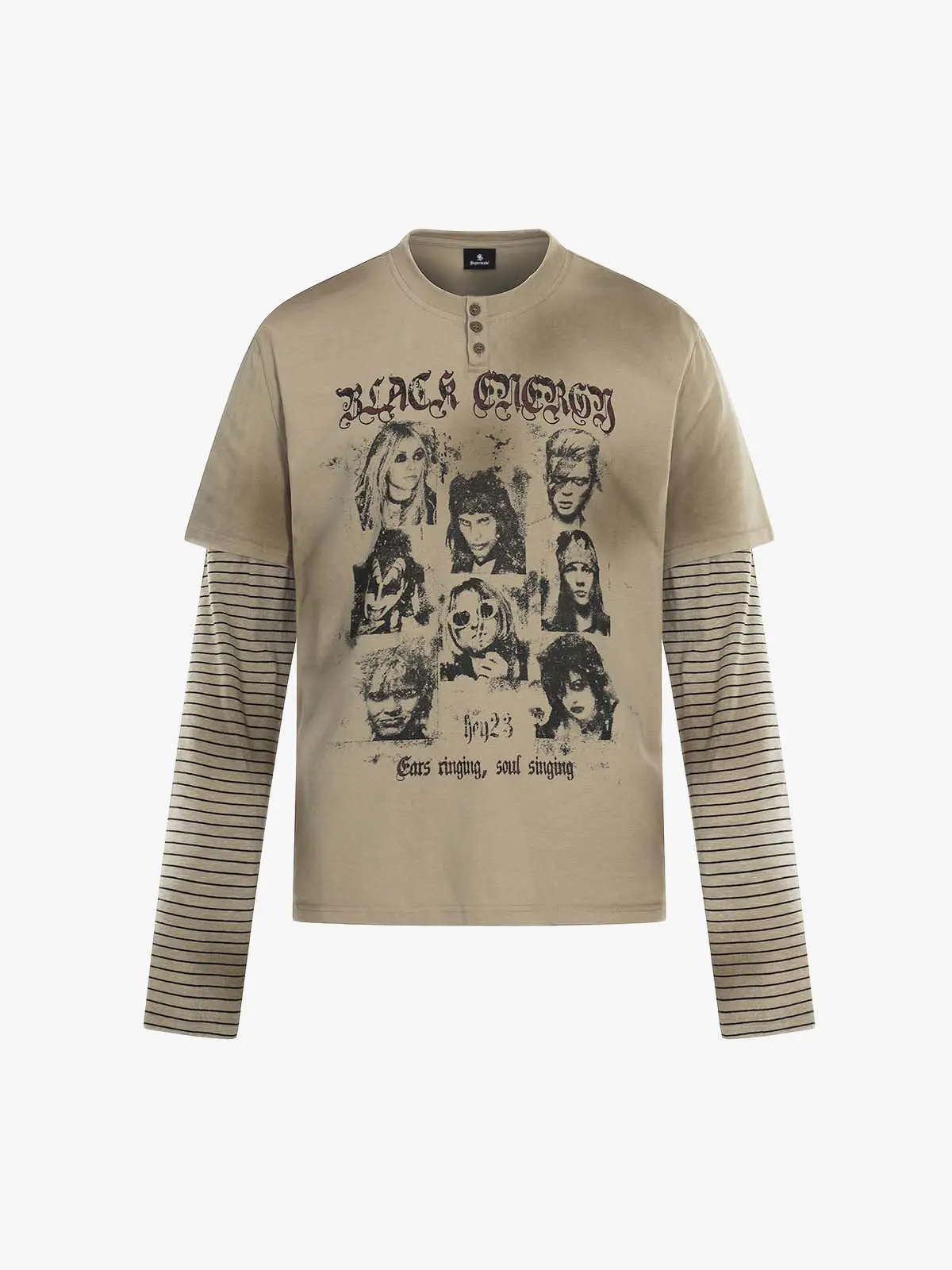 Vintage Band Portrait Graphic Layered Henley T-Shirt - Image 2