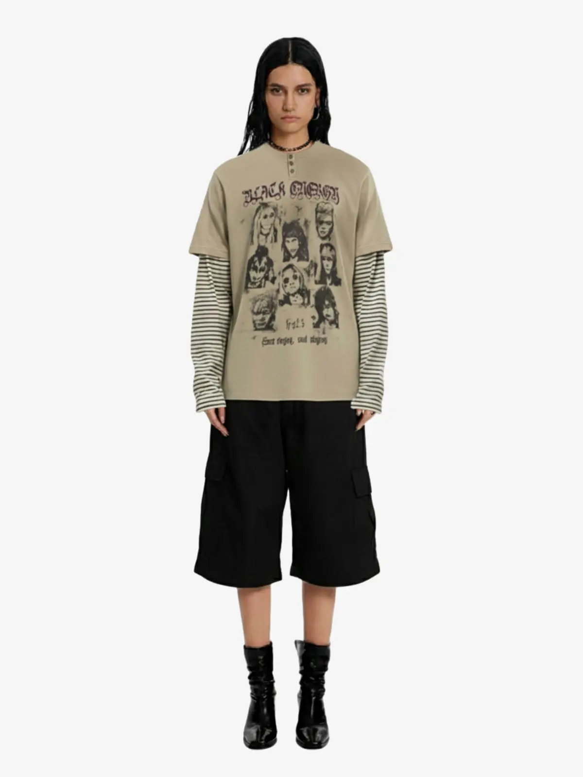 Vintage Band Portrait Graphic Layered Henley T-Shirt - Image 6