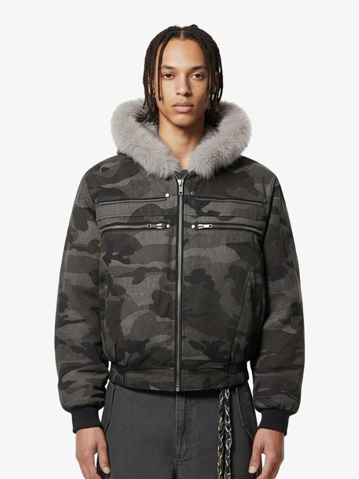 Vintage Camo Faux Fur Hood Padded Bomber Jacket