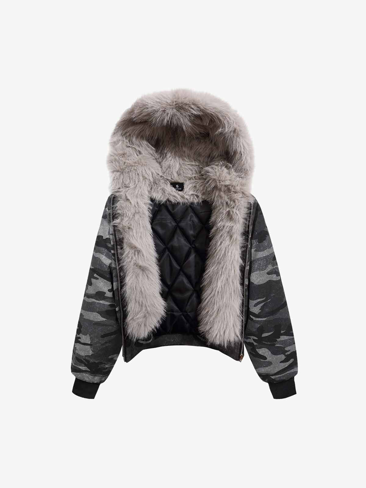 Vintage Camo Faux Fur Hood Padded Bomber Jacket - Image 10