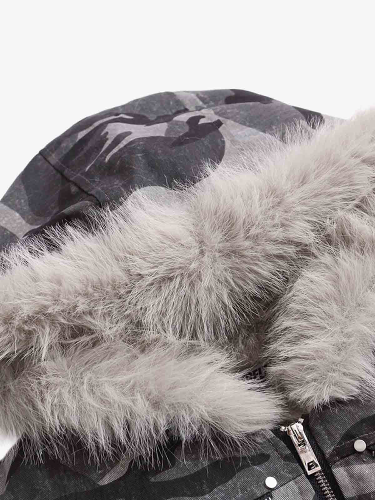 Vintage Camo Faux Fur Hood Padded Bomber Jacket - Image 12