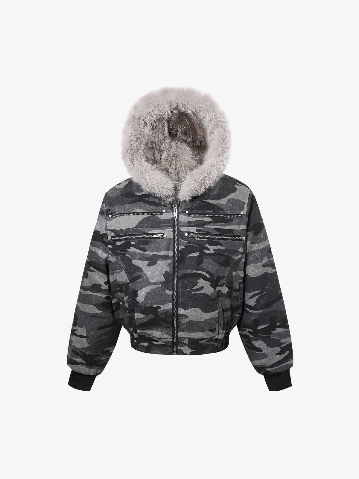 Vintage Camo Faux Fur Hood Padded Bomber Jacket - Image 2
