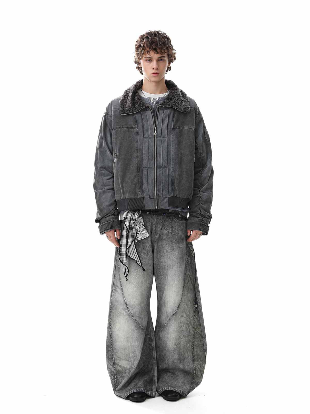 Vintage Distressed Pleated Shearling Collar Fleece Jacket - Image 3