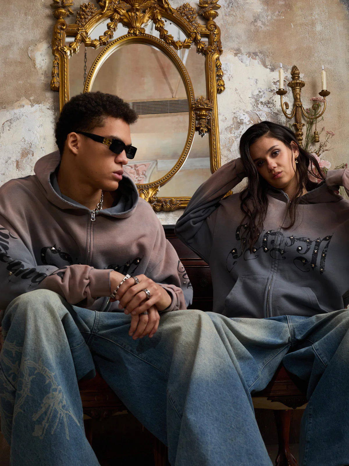 Vintage Distressed Studded Gothic Font Zip Up Hoodie