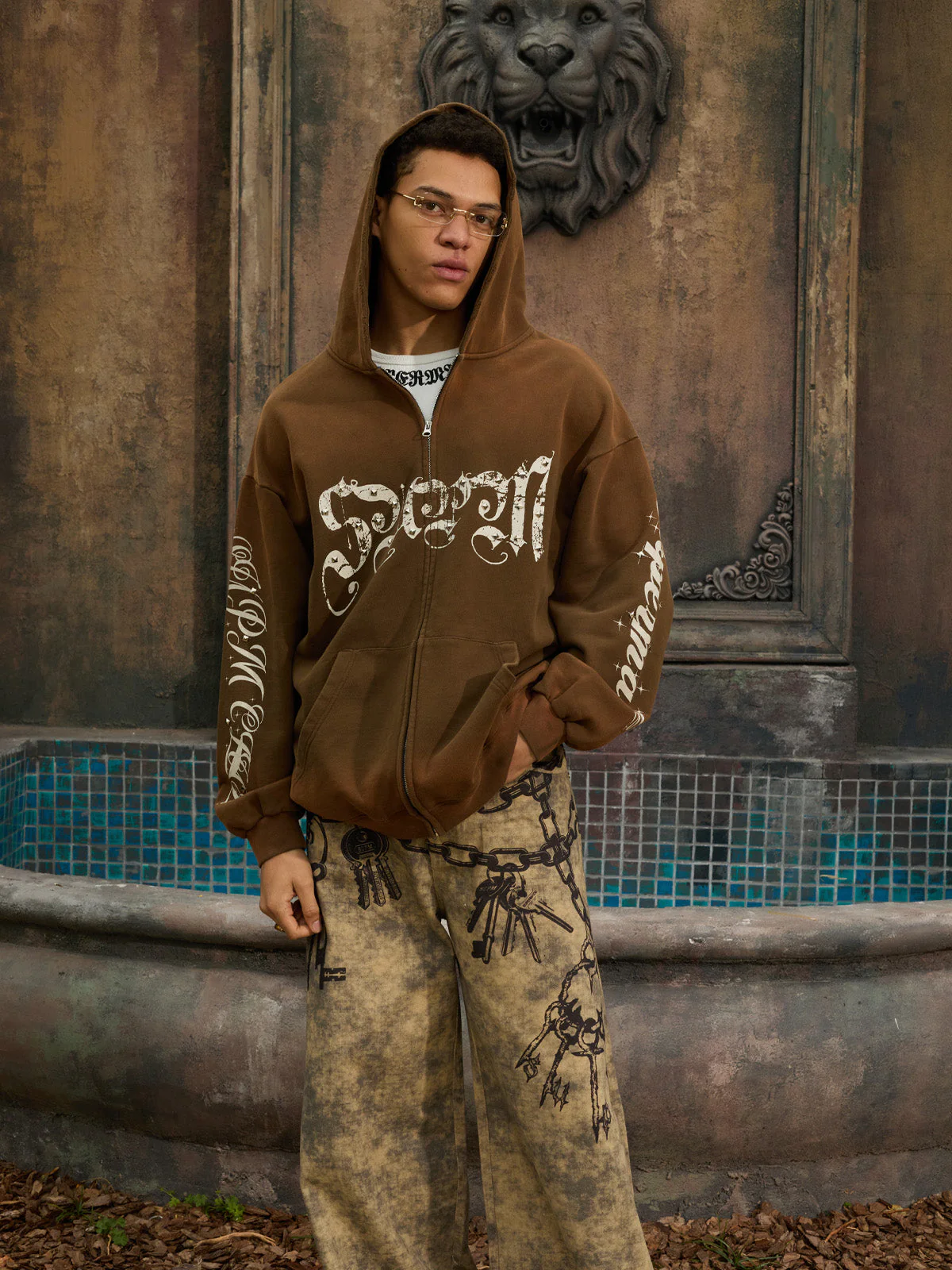 Vintage Distressed Studded Gothic Font Zip Up Hoodie - Image 14