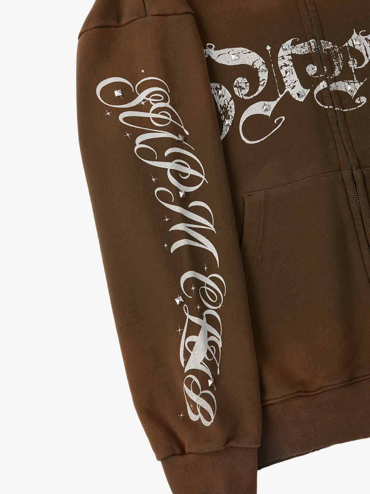 Vintage Distressed Studded Gothic Font Zip Up Hoodie - Image 28