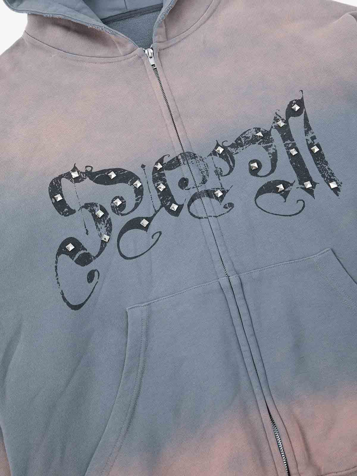 Vintage Distressed Studded Gothic Font Zip Up Hoodie - Image 32