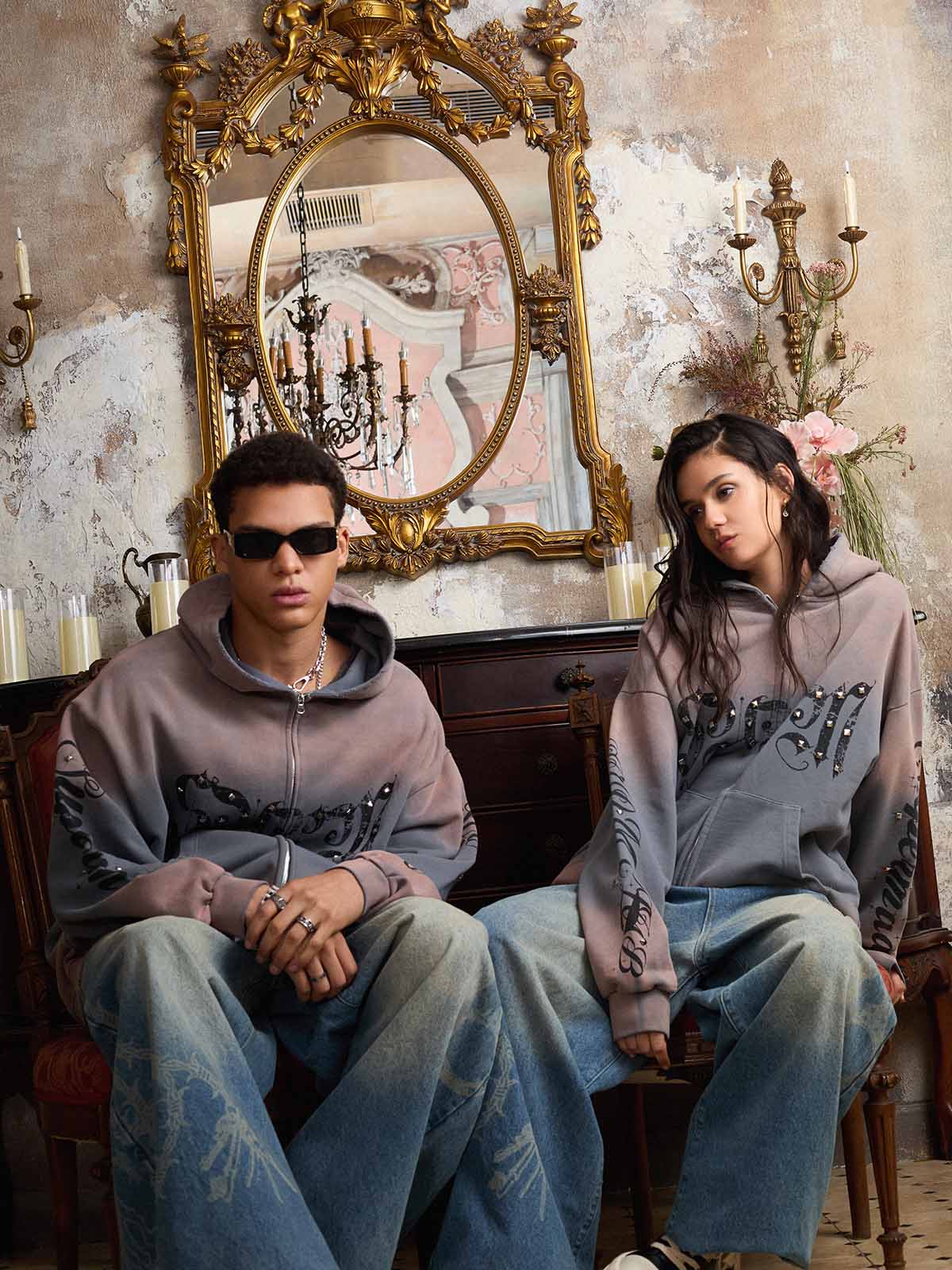Vintage Distressed Studded Gothic Font Zip Up Hoodie - Image 5