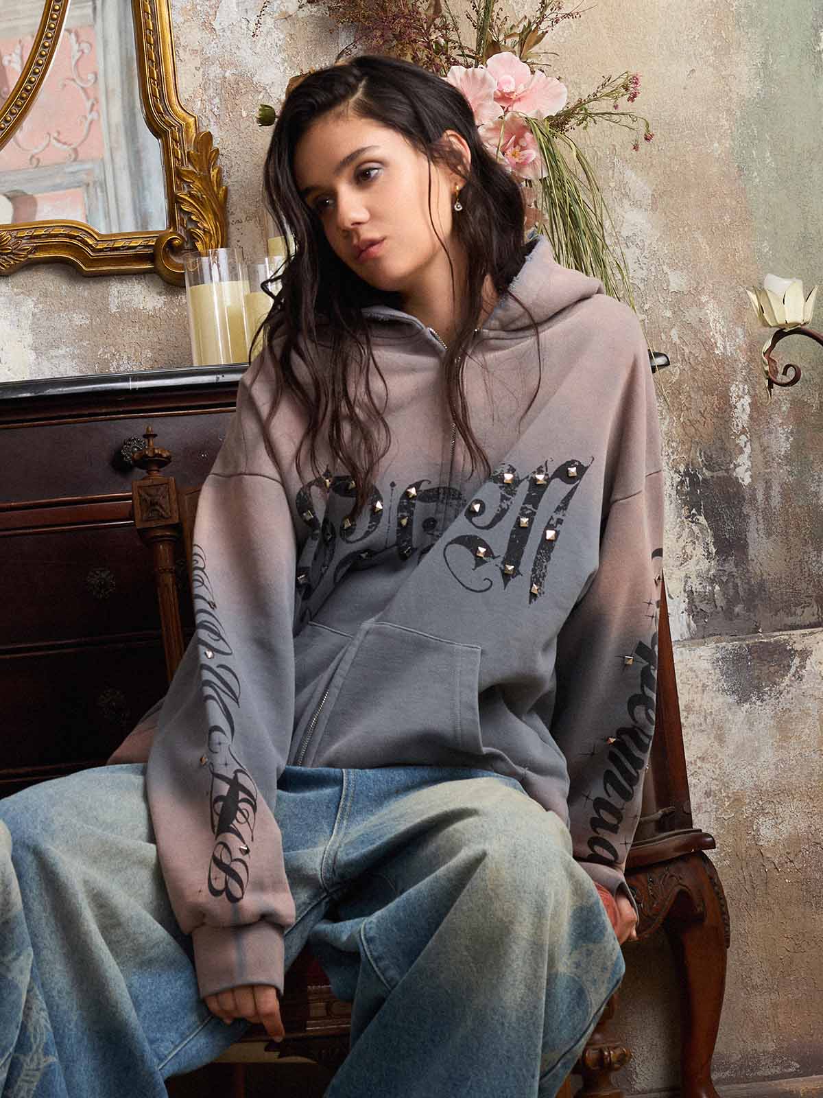 Vintage Distressed Studded Gothic Font Zip Up Hoodie - Image 8