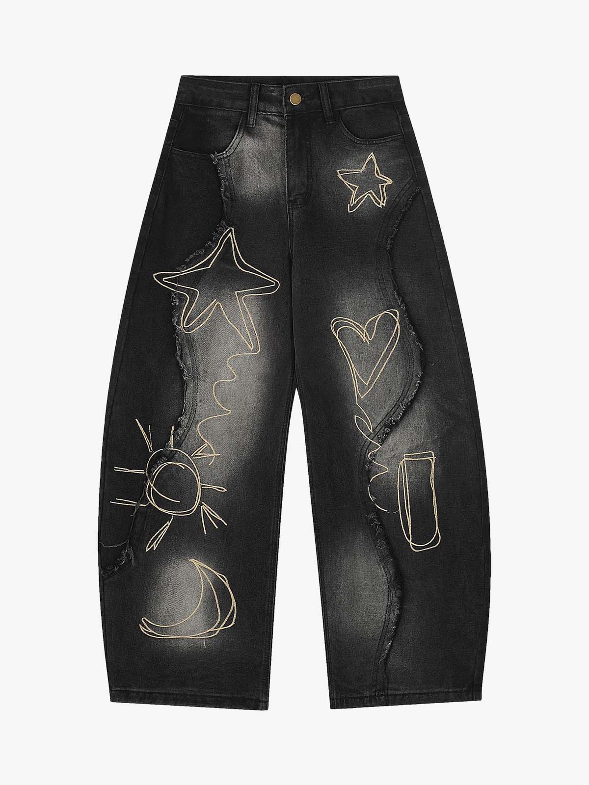 Vintage Embroidered Washed Raw-Edge Graffiti Scimitar Jeans - Image 2