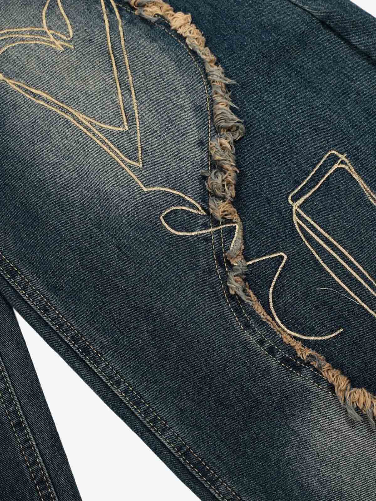 Vintage Embroidered Washed Raw-Edge Graffiti Scimitar Jeans - Image 7