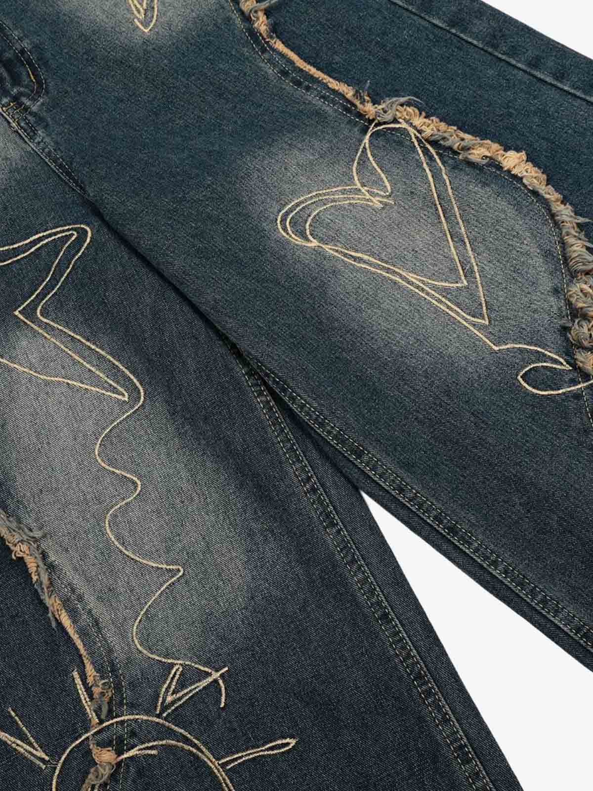 Vintage Embroidered Washed Raw-Edge Graffiti Scimitar Jeans - Image 9