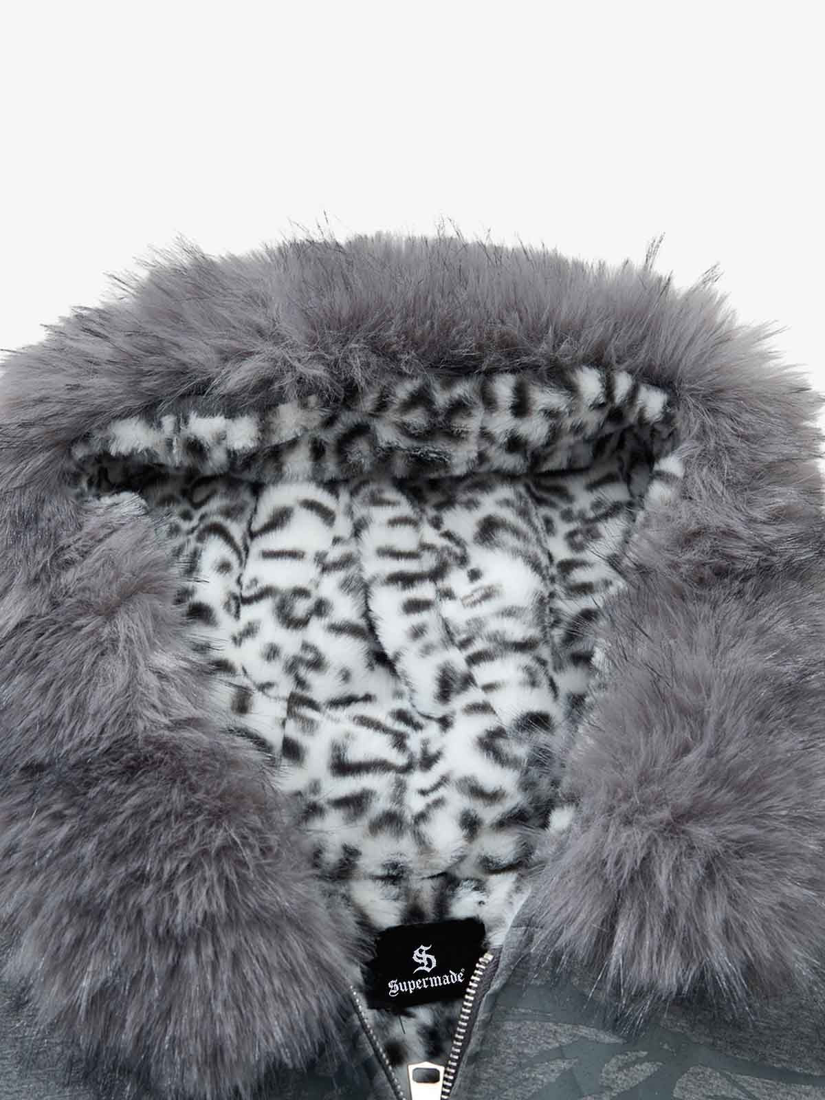 Vintage Faux Fur Hoodedd Leopard Lined Graphic Bomber Jacket - Image 12