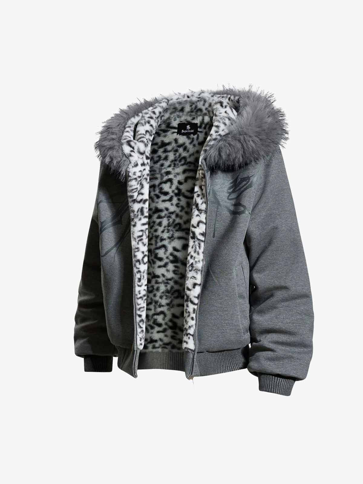 Vintage Faux Fur Hoodedd Leopard Lined Graphic Bomber Jacket - Image 5