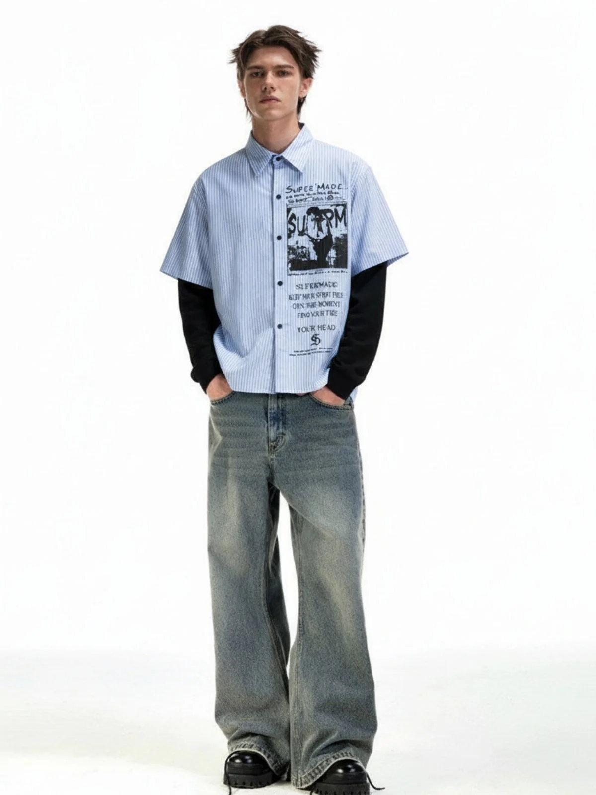Vintage Illustration Striped Faux Two-Piece Shirt - Image 2