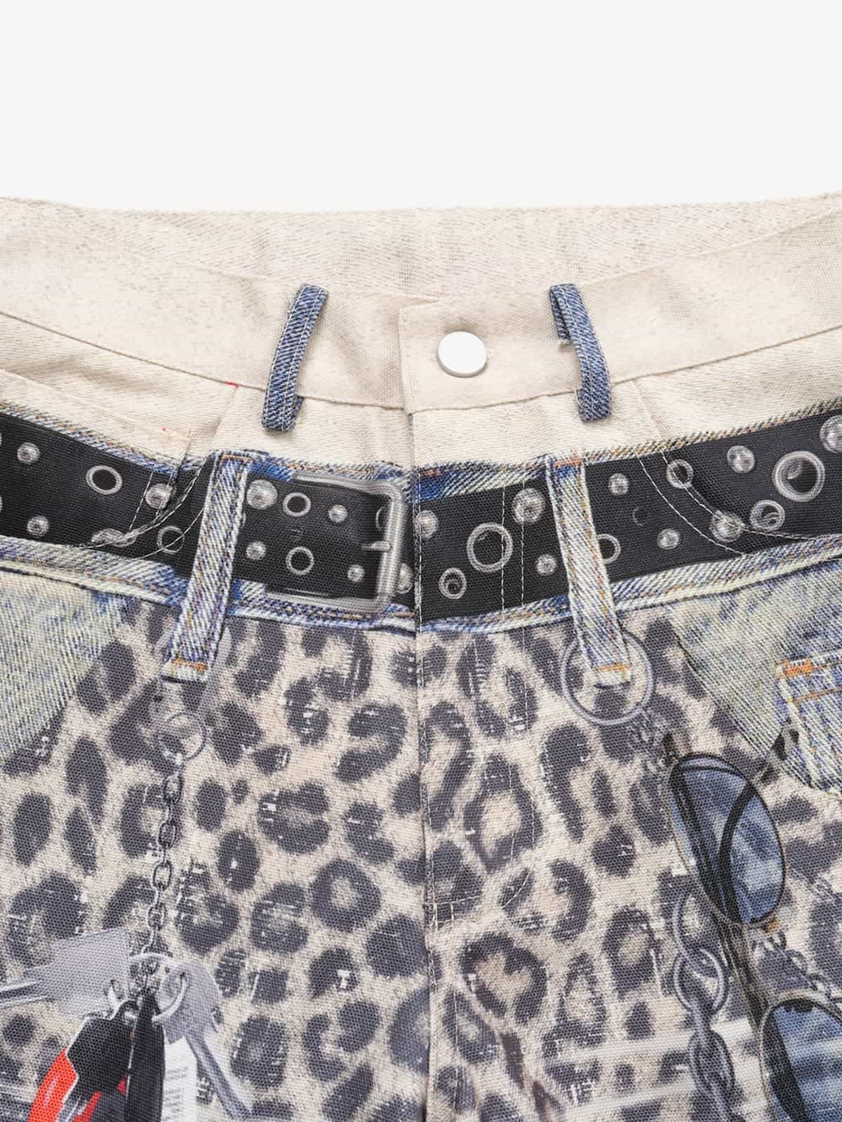 Vintage Leopard 3D Print Double Waistband Washed Jeans - Image 6