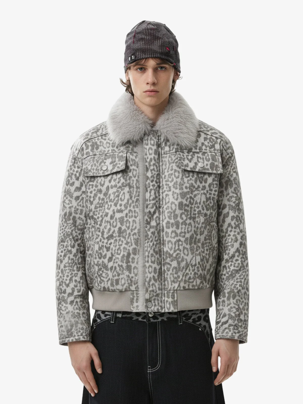 Vintage Leopard Fleece Faux Fur Collar Panel Trim Padded Jacket