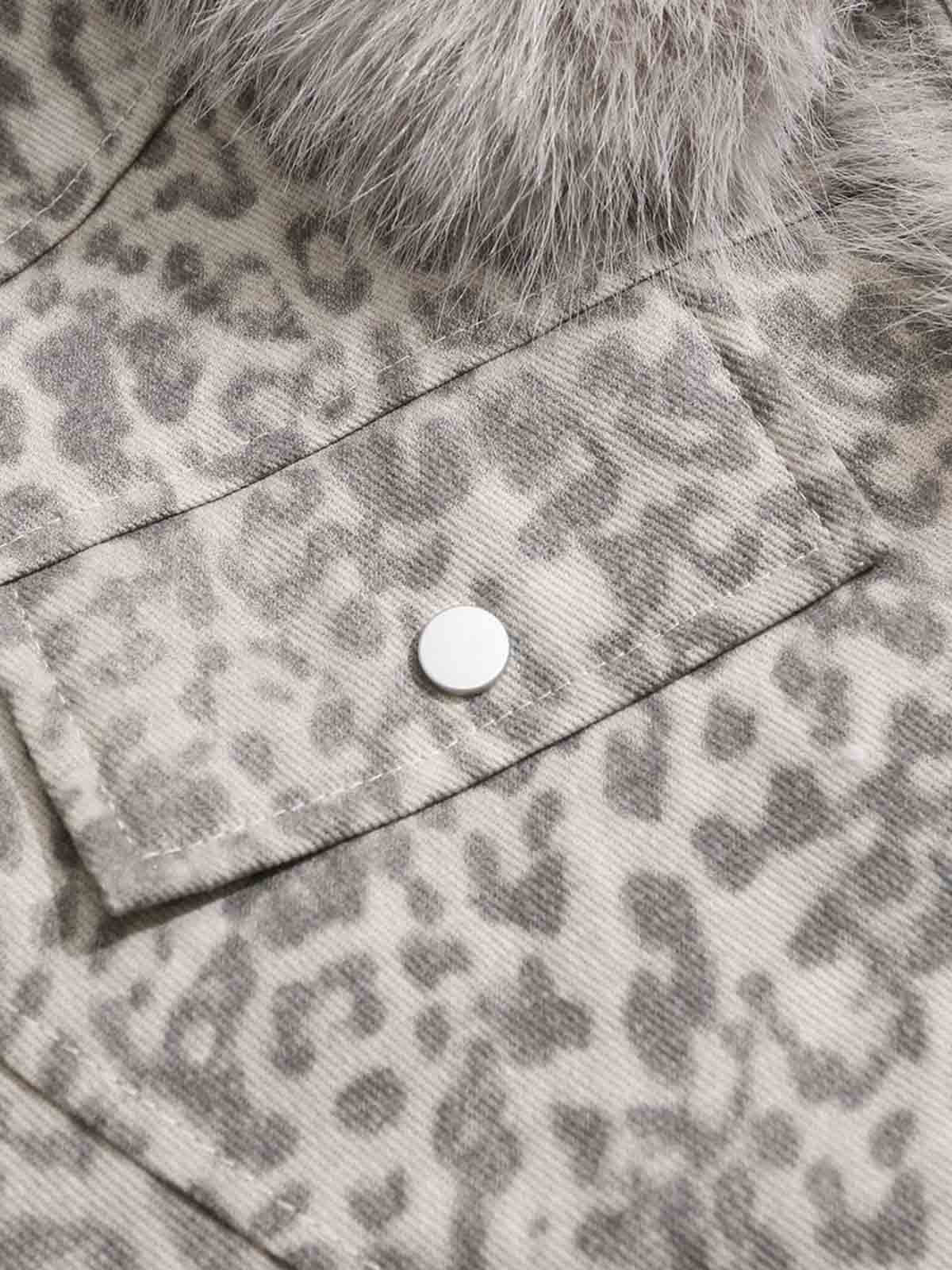 Vintage Leopard Fleece Faux Fur Collar Panel Trim Padded Jacket - Image 10