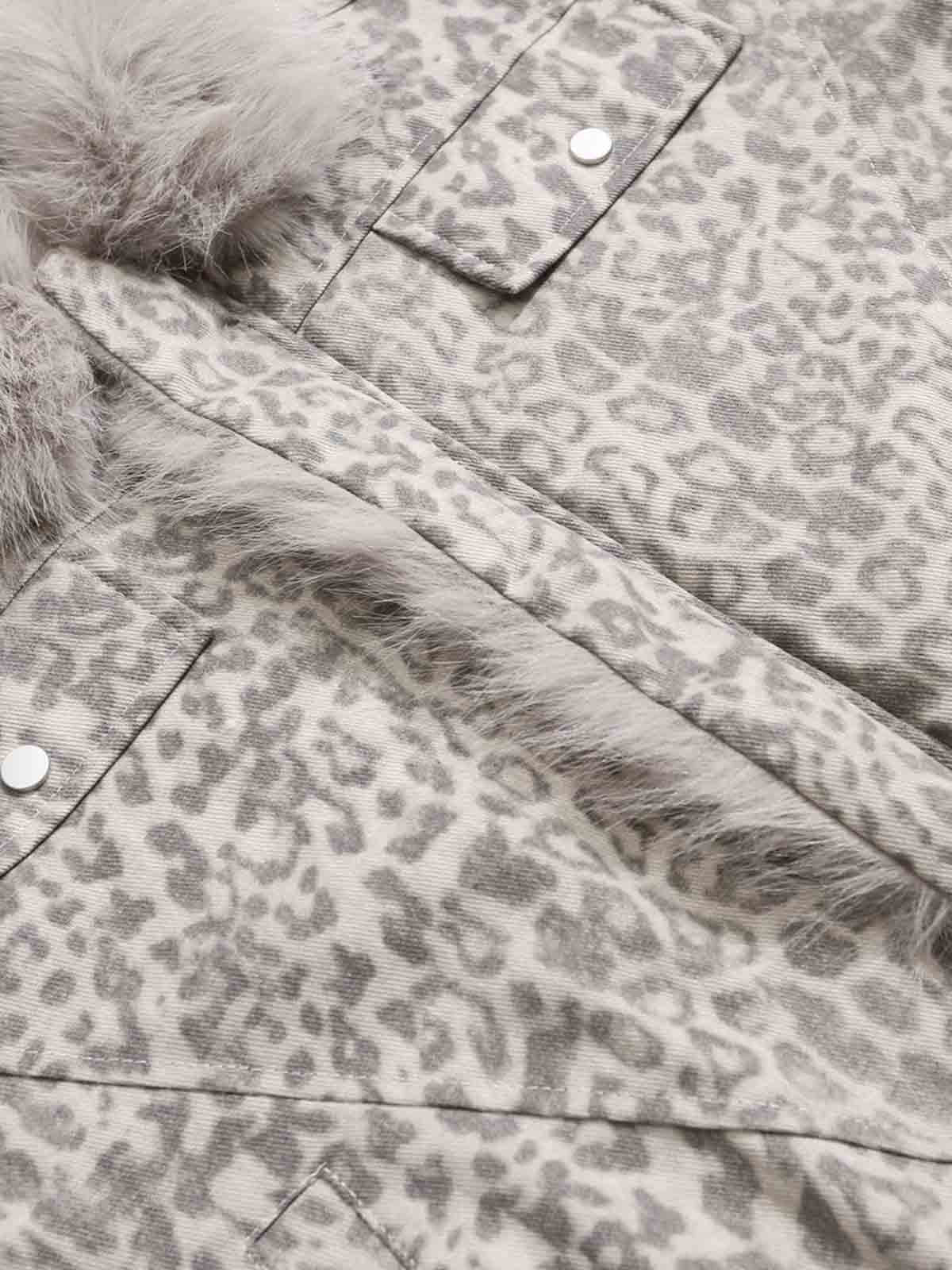 Vintage Leopard Fleece Faux Fur Collar Panel Trim Padded Jacket - Image 11