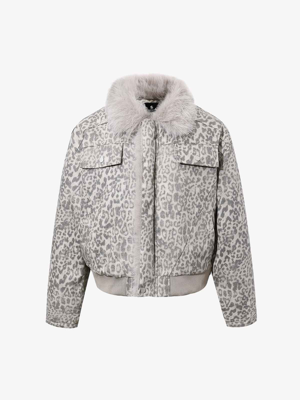 Vintage Leopard Fleece Faux Fur Collar Panel Trim Padded Jacket - Image 2