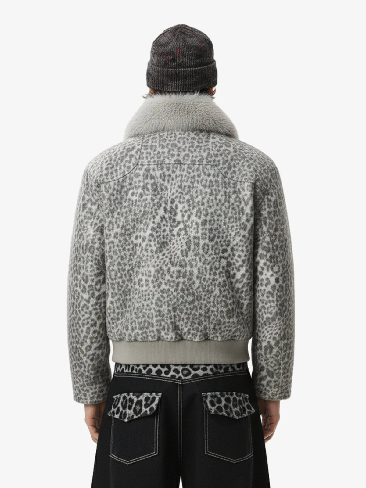 Vintage Leopard Fleece Faux Fur Collar Panel Trim Padded Jacket - Image 3