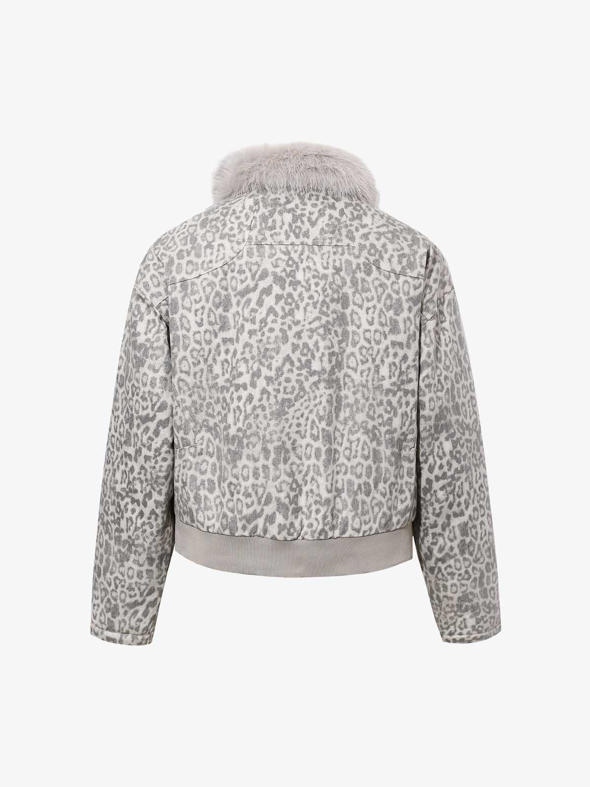 Vintage Leopard Fleece Faux Fur Collar Panel Trim Padded Jacket - Image 6