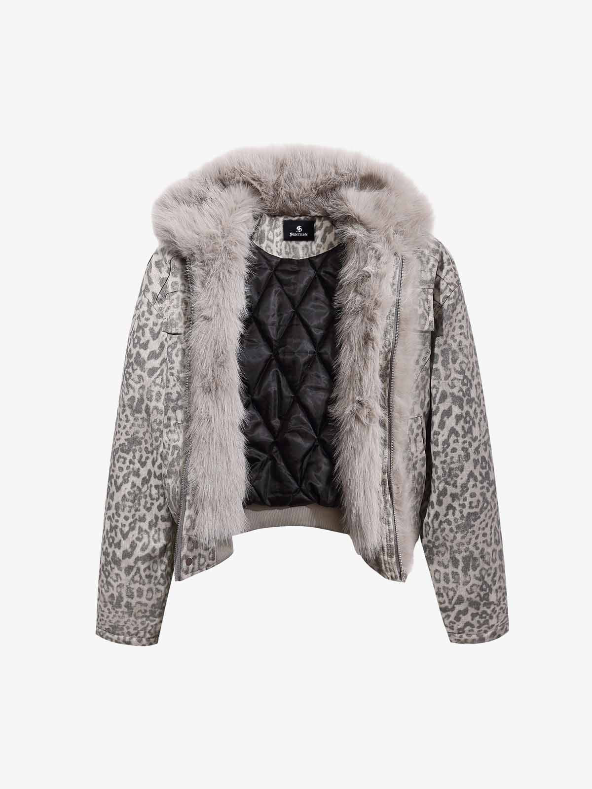 Vintage Leopard Fleece Faux Fur Collar Panel Trim Padded Jacket - Image 7
