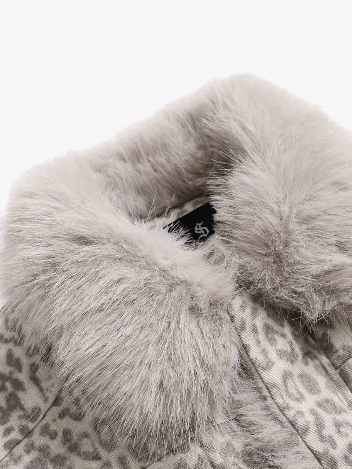 Vintage Leopard Fleece Faux Fur Collar Panel Trim Padded Jacket - Image 8