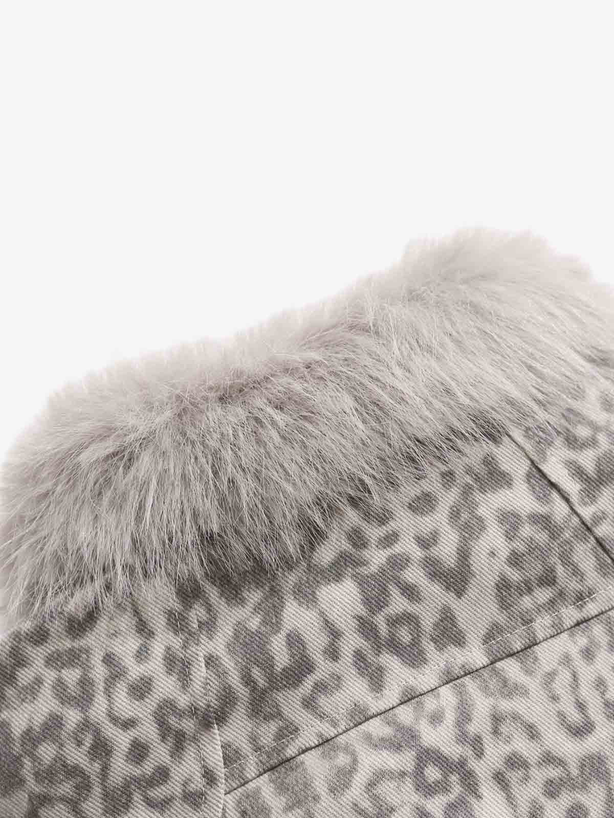 Vintage Leopard Fleece Faux Fur Collar Panel Trim Padded Jacket - Image 9