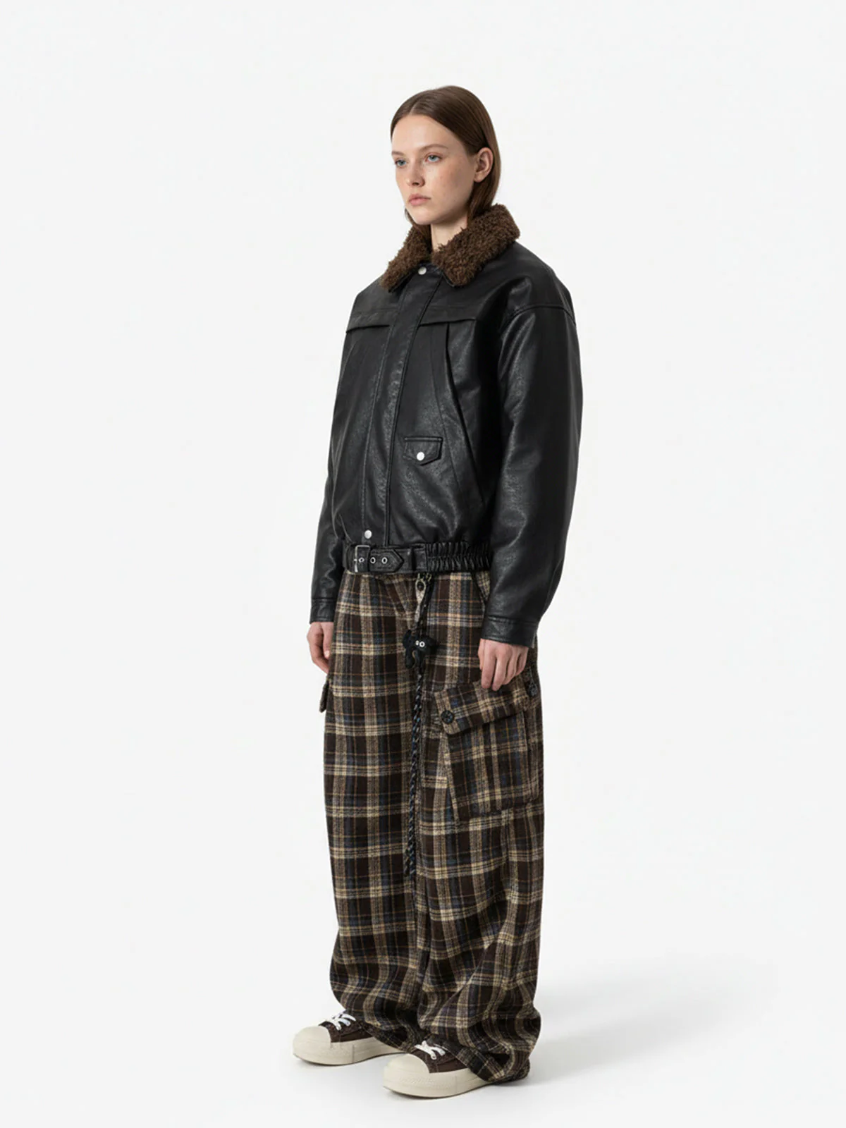 Vintage Plaid Pleated Multi-Pocket Cargo Casual Pants - 2524 - Image 7