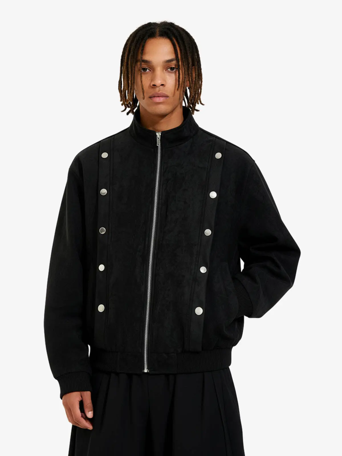 Vintage Stand Collar Metal Button-Structured Bomber Jacket - Image 3