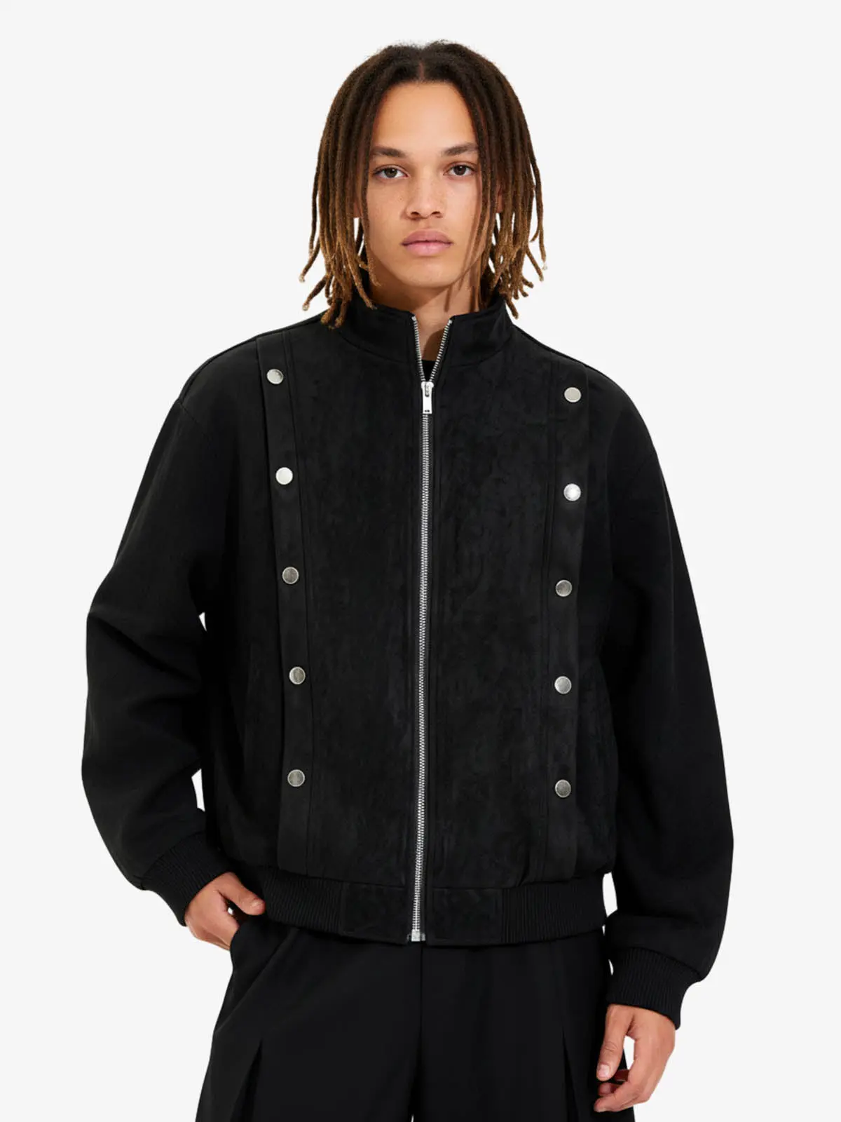 Vintage Stand Collar Metal Button-Structured Bomber Jacket - Image 4