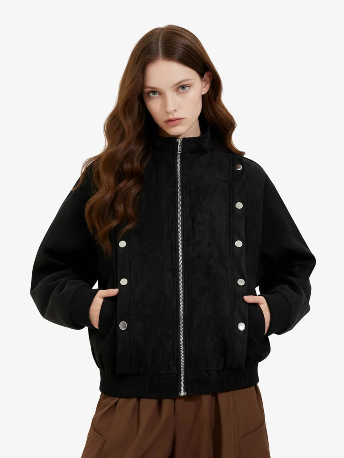 Vintage Stand Collar Metal Button-Structured Bomber Jacket - Image 5
