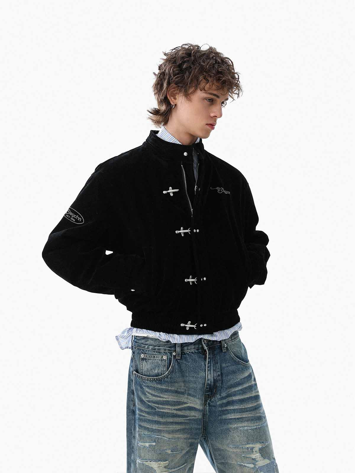 Vintage Suede Embroidered Metal Clip Down Jacket - Image 3