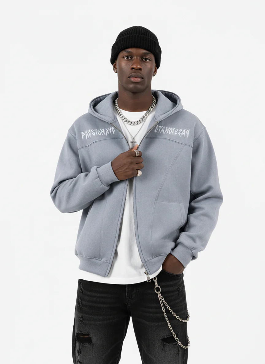 Vintage Suede Letter Embroidered Cropped Zip Up Hoodie - Image 5