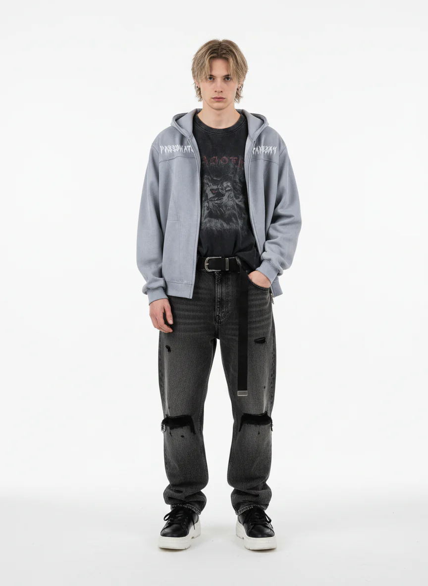 Vintage Suede Letter Embroidered Cropped Zip Up Hoodie - Image 7