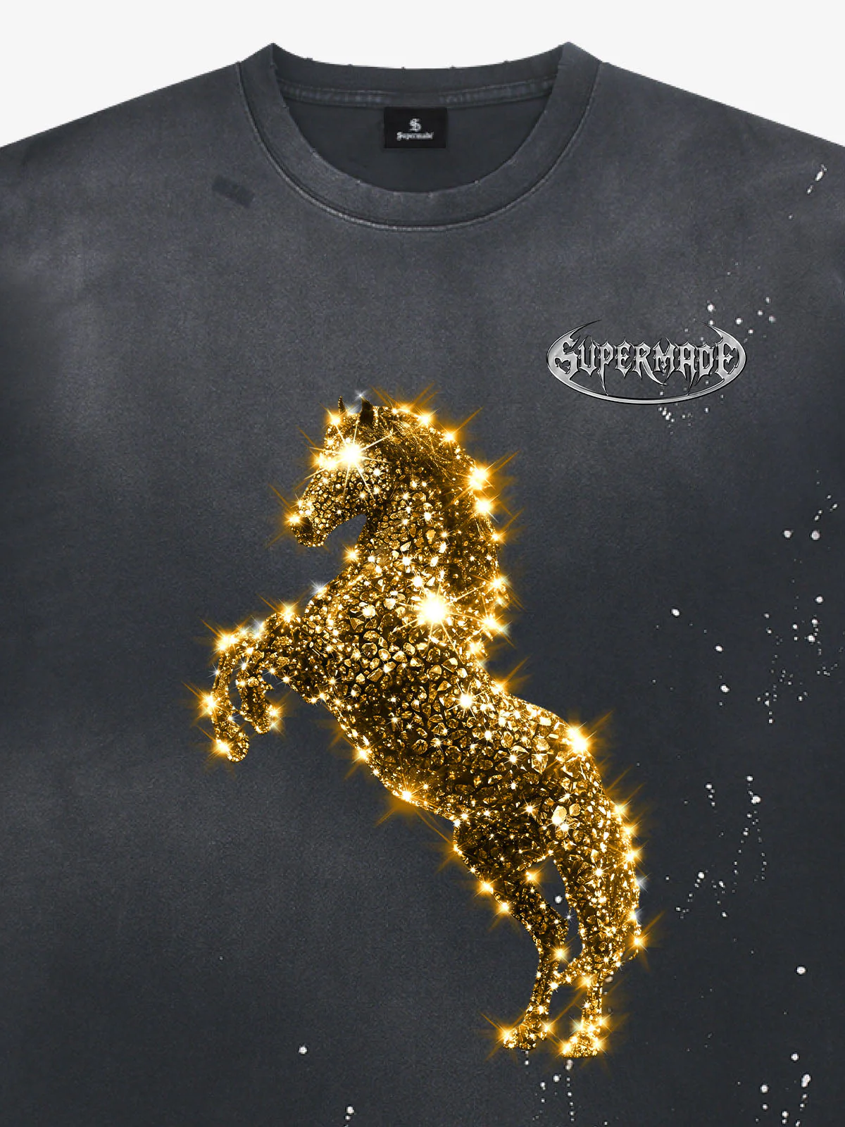 Vintage Wash Glitter Horse Pattern Splash Ink T-Shirt - Image 2