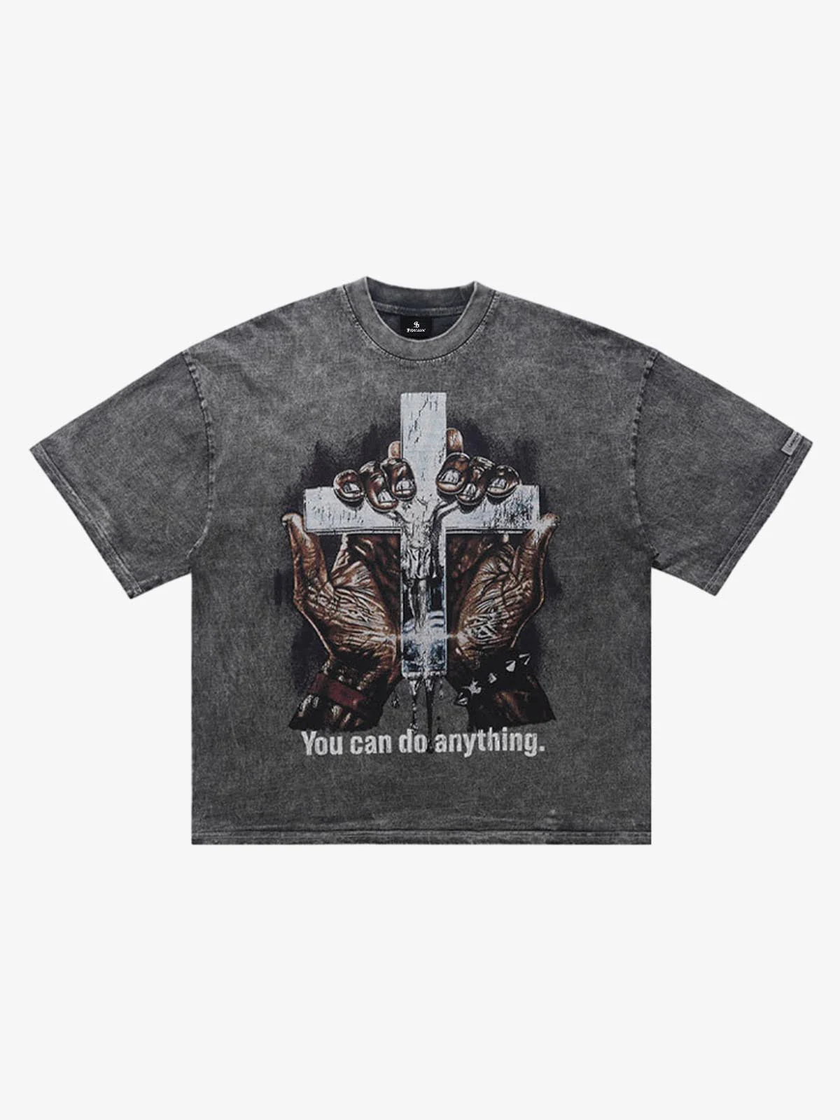 Vintage Washed Cross Hand Graphic T-Shirt - Image 2