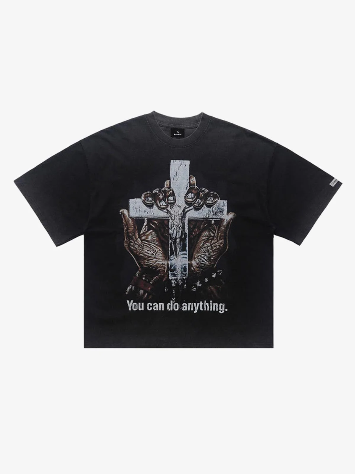Vintage Washed Cross Hand Graphic T-Shirt - Image 3