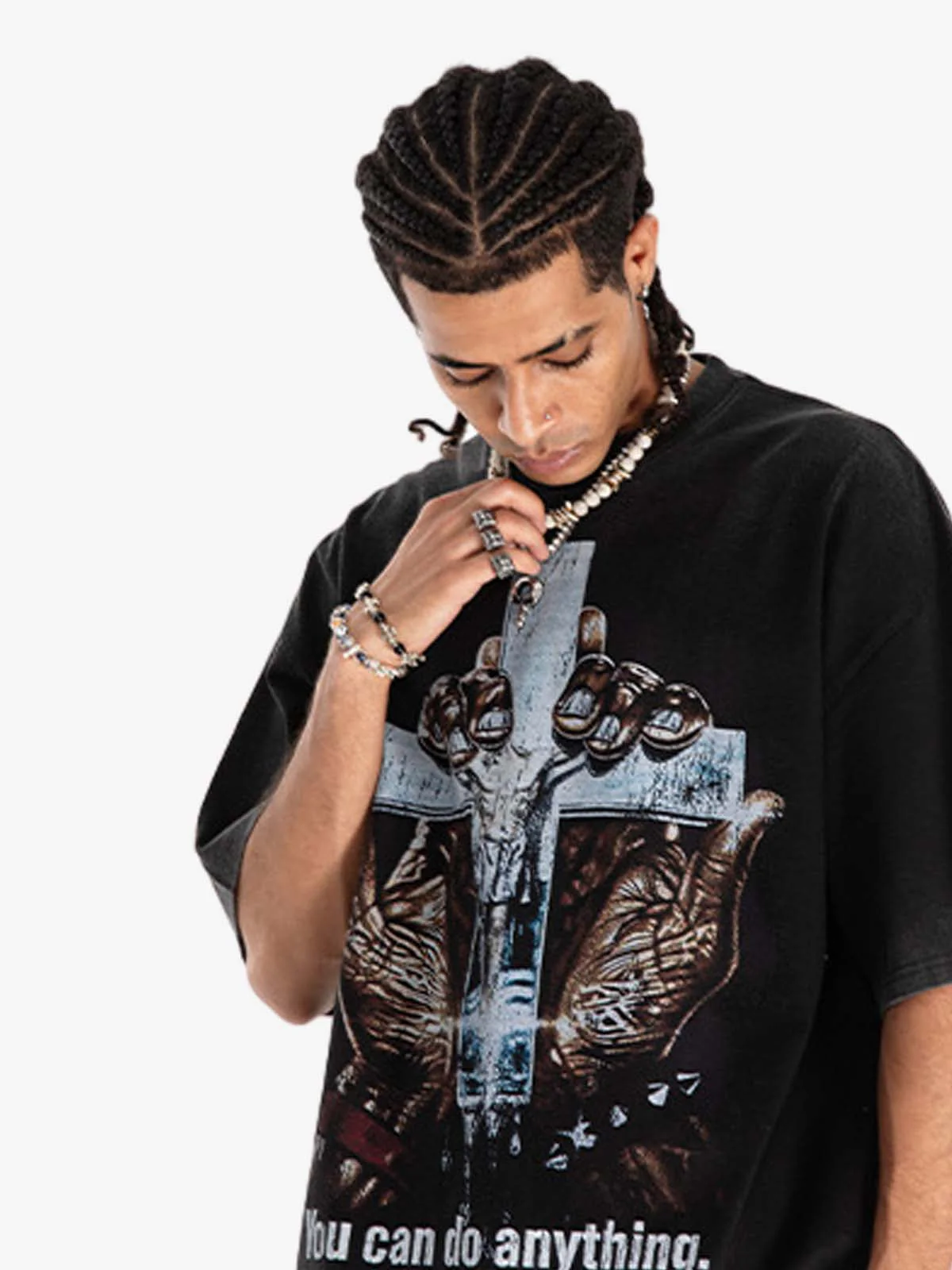 Vintage Washed Cross Hand Graphic T-Shirt - Image 4