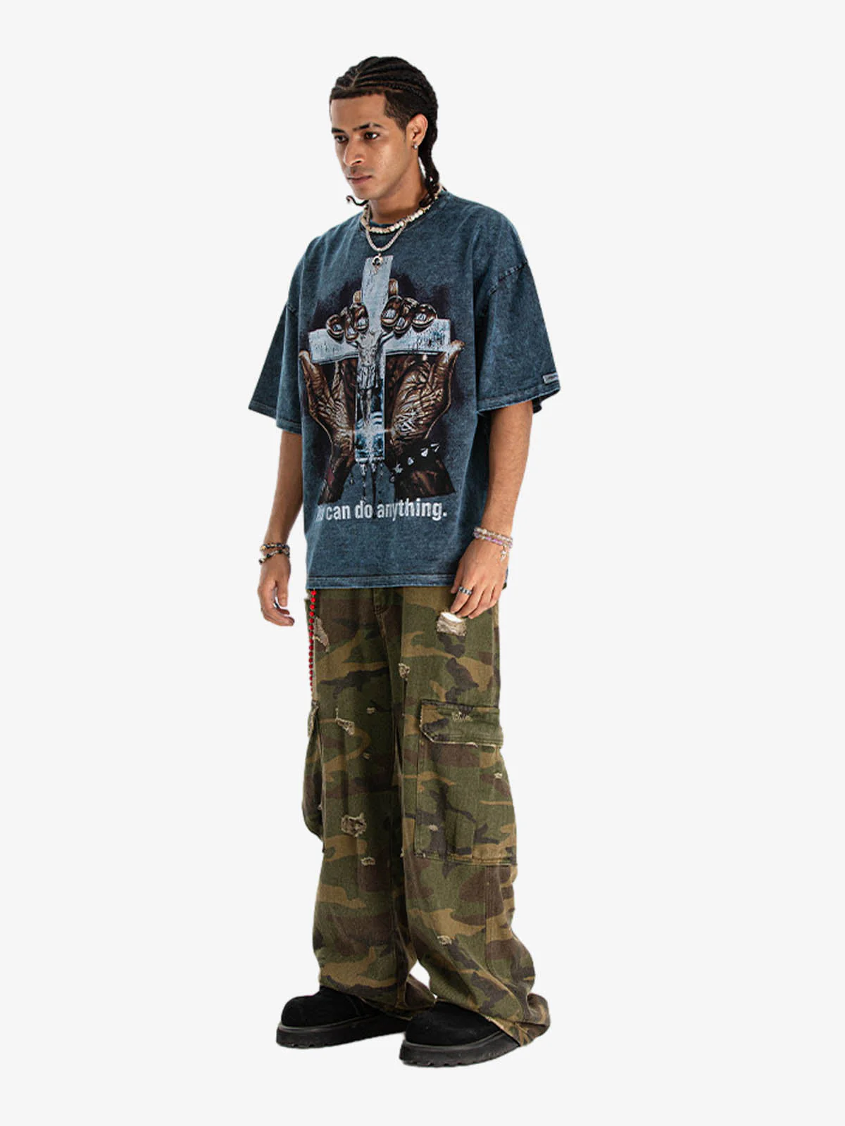 Vintage Washed Cross Hand Graphic T-Shirt - Image 7