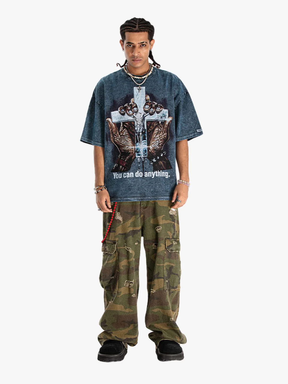 Vintage Washed Cross Hand Graphic T-Shirt - Image 9