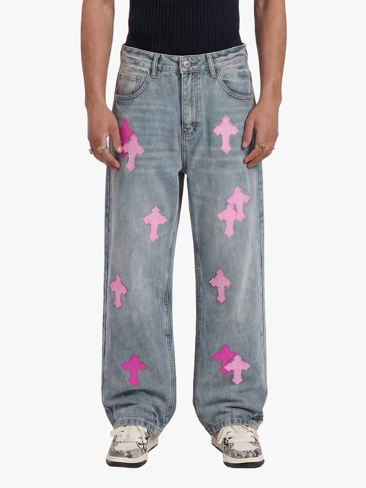 Vintage Washed Cross Patch Straight Leg Denim Jeans