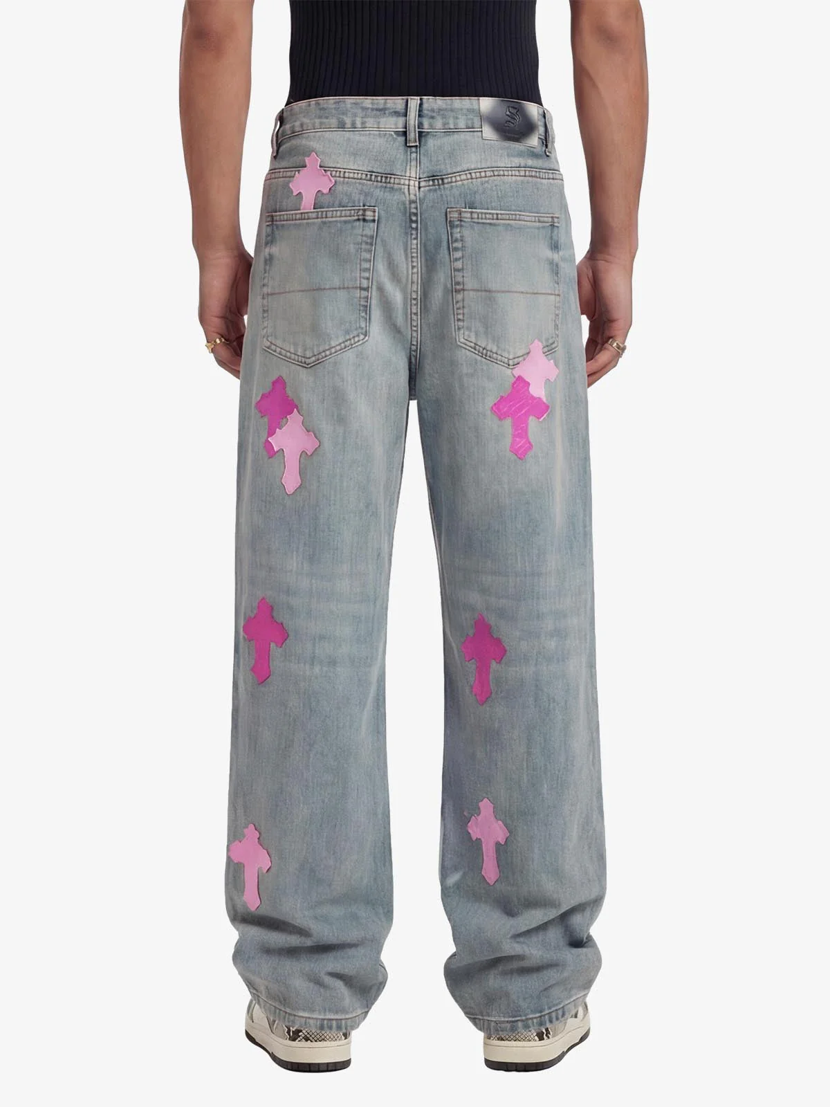 Vintage Washed Cross Patch Straight Leg Denim Jeans - Image 3