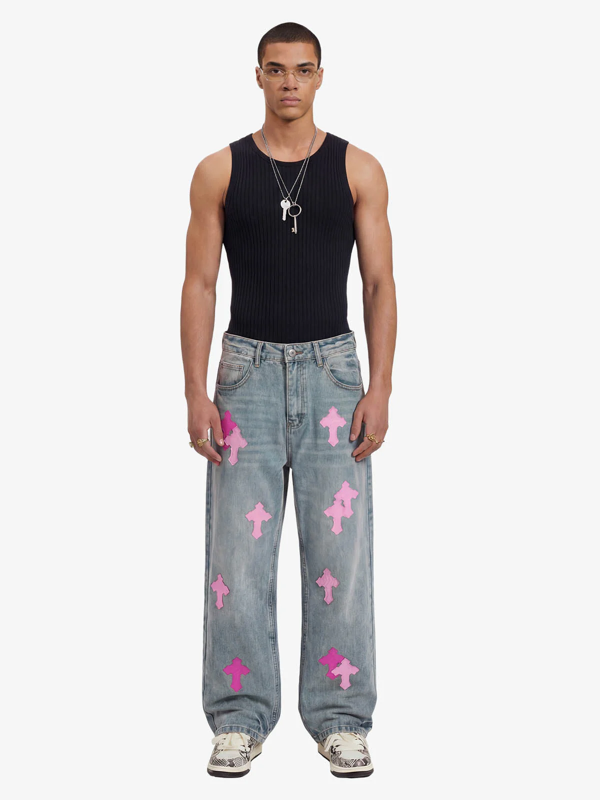 Vintage Washed Cross Patch Straight Leg Denim Jeans - Image 4