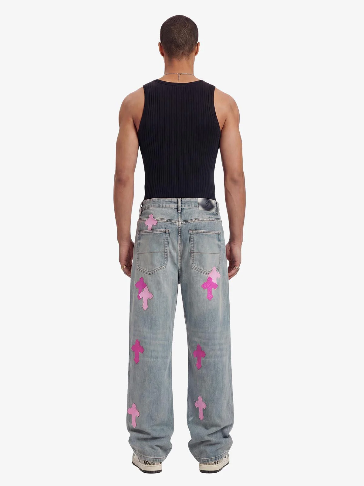 Vintage Washed Cross Patch Straight Leg Denim Jeans - Image 5