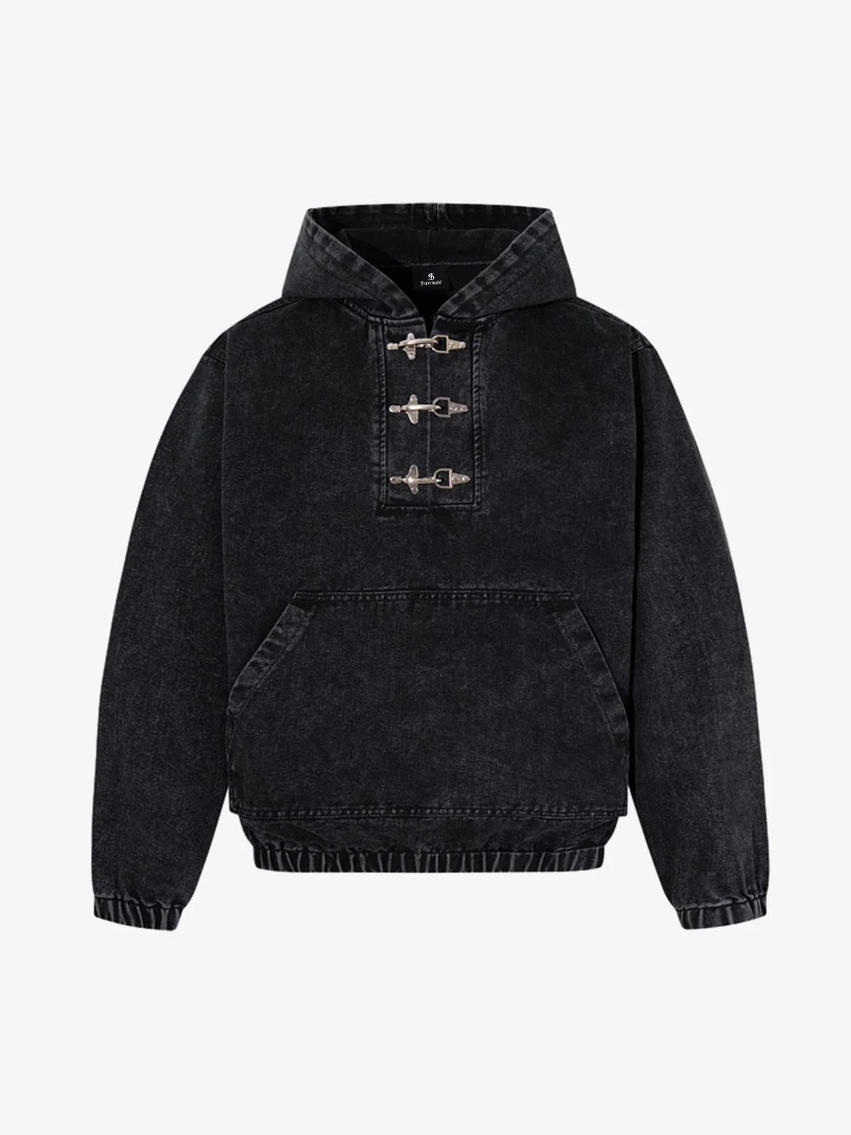 Vintage Washed Denim Metal Toggle Detail Pullover Hoodie